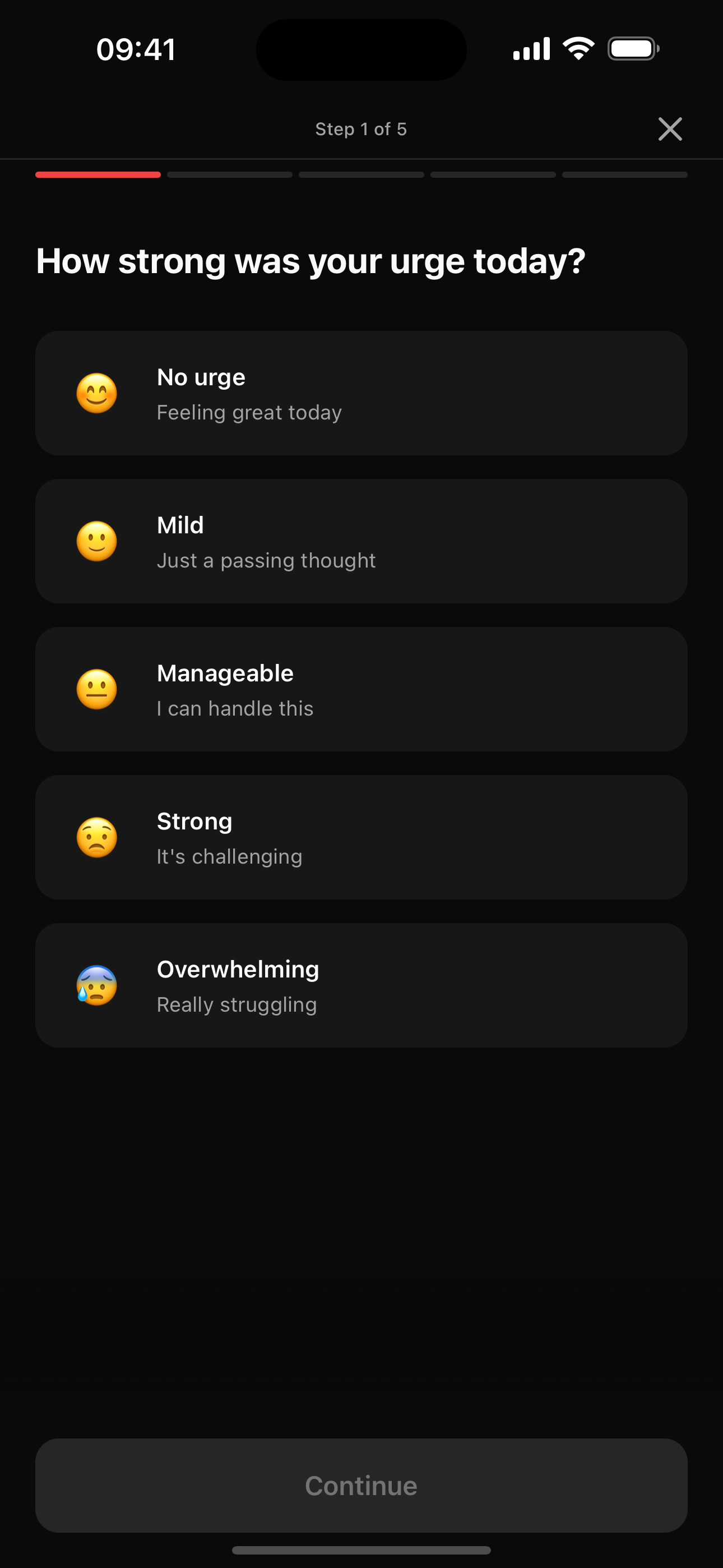 Soberly daily check-in screen for logging mood, urge intensity, and triggers
